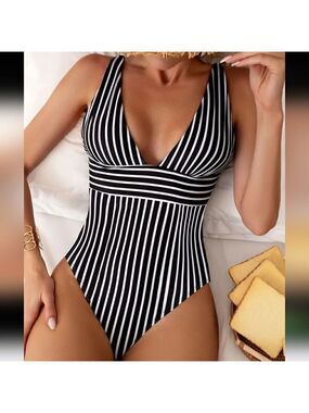 Striped Tummy Control Deep V One Piece Swimsuit Black and White Sizes S, M, XL
